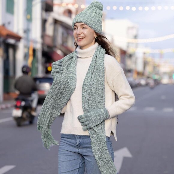 Winter Beanie Hat Scarf and Gloves Set for Women Warm Chunky Knitted Pom Cap - Picture 6 of 6